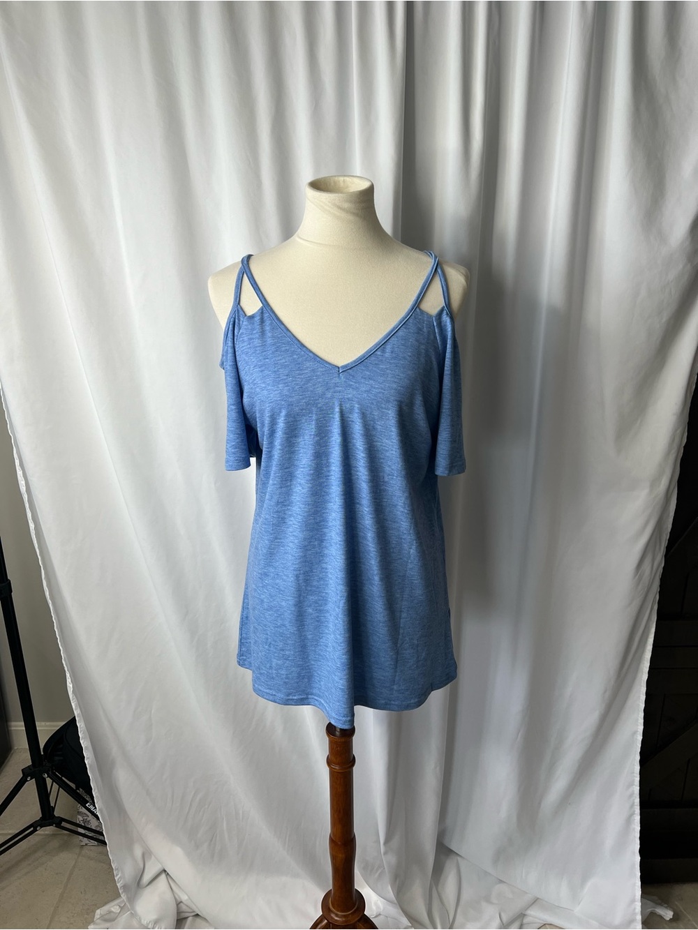 Blue Cold Shoulder V-Neck Tunic Top | Soft Casual Short Sleeve Shirt